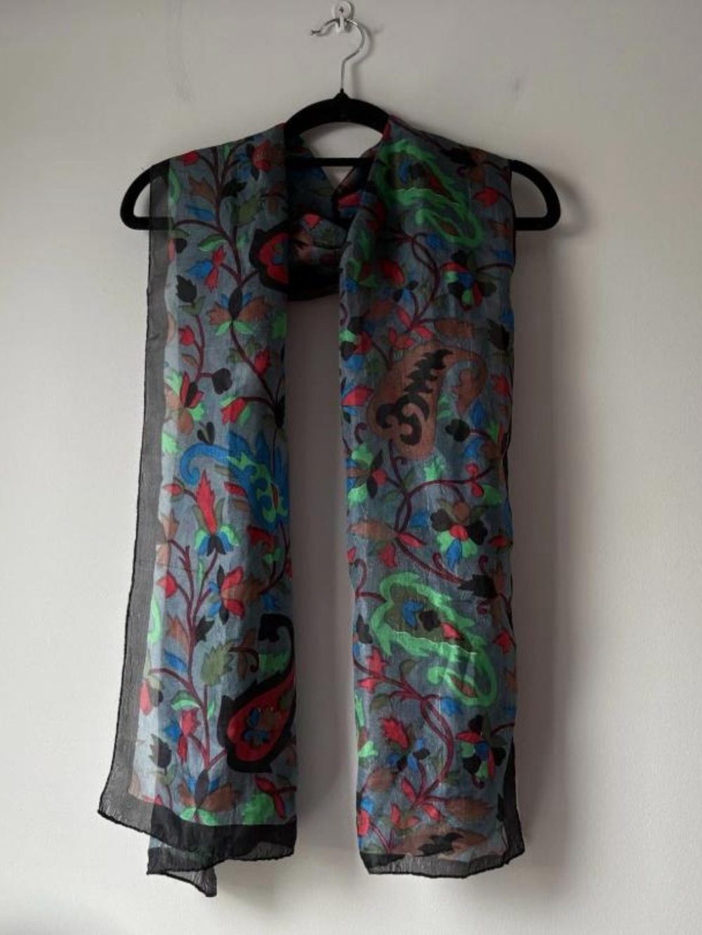 Sheer Floral Paisley Scarf in Black with Multicolor Accents